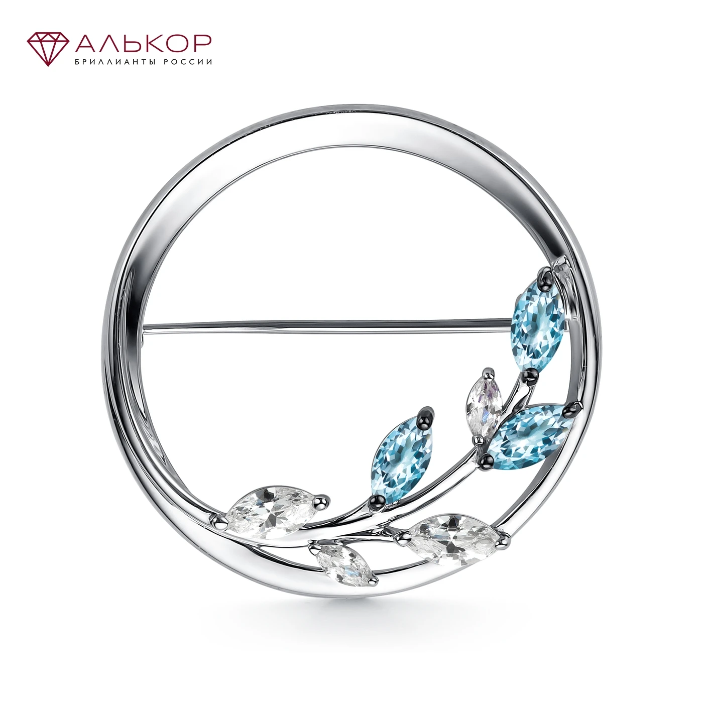 Брошь из родированного серебра c топазами sky blue и кристаллами АЛЬКОР. Быстрая