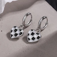 mosaic small hoop earrings for women blackwhite lattice heart pendant tiny huggies female charm dangle earring accessories