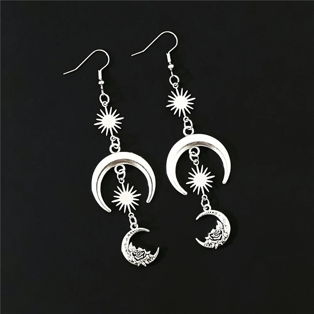 

Silver Plated Sun Moon Earrings For Women Girls Fashion Bohemian Jewelry Accessories Gift Crescent Sun Pendant Ear Hook Trendy