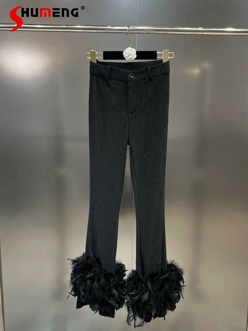 

Fashion Black Women's Casual Pants 2022 Autumn New Feather Stitching High Waist Slimming Straight Bell-Bottom Pants High Street
