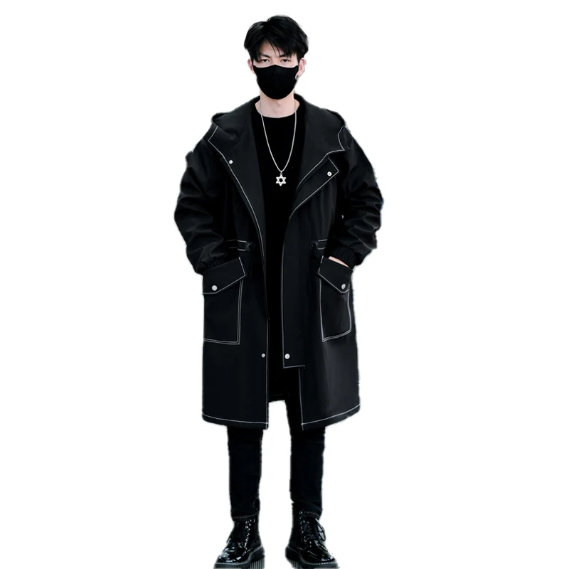 

Тренчкот длинный мужской, Классическая британская ветровка, повседневный длинный тренчкот с воротником-стойкой, серый бежевый черный, на осень