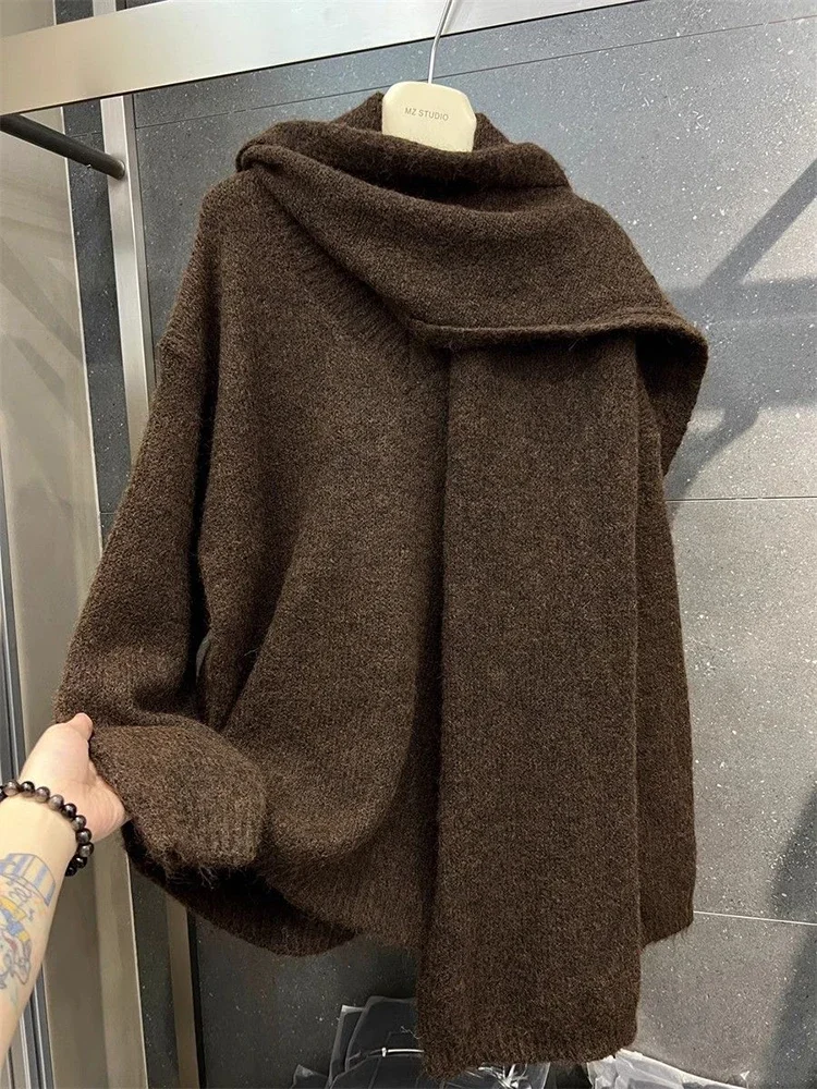 Модный серый кашемировый свитер с шарфом и воротником женский элегантный