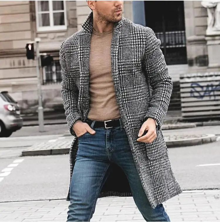 

Autumn and winter mid-length thousand bird lattice youth tweed coat men's coat