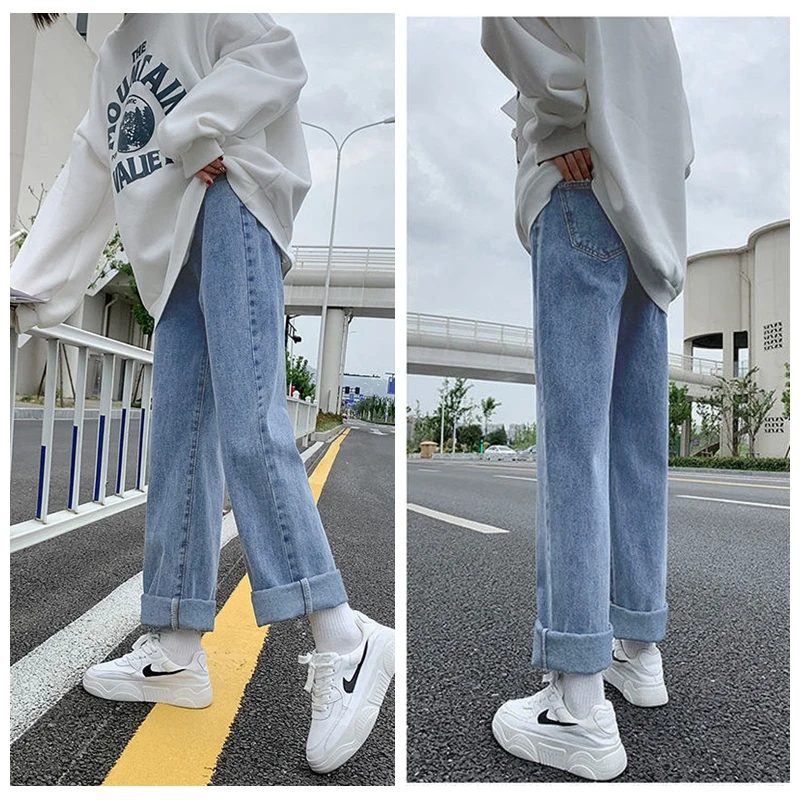 Straight Jeans Woman High Waist Denim Wide Leg Pants Trousers Baggy Streetwear Y2K Loose Blue Gray Korean Casual Mom Cute Jeans