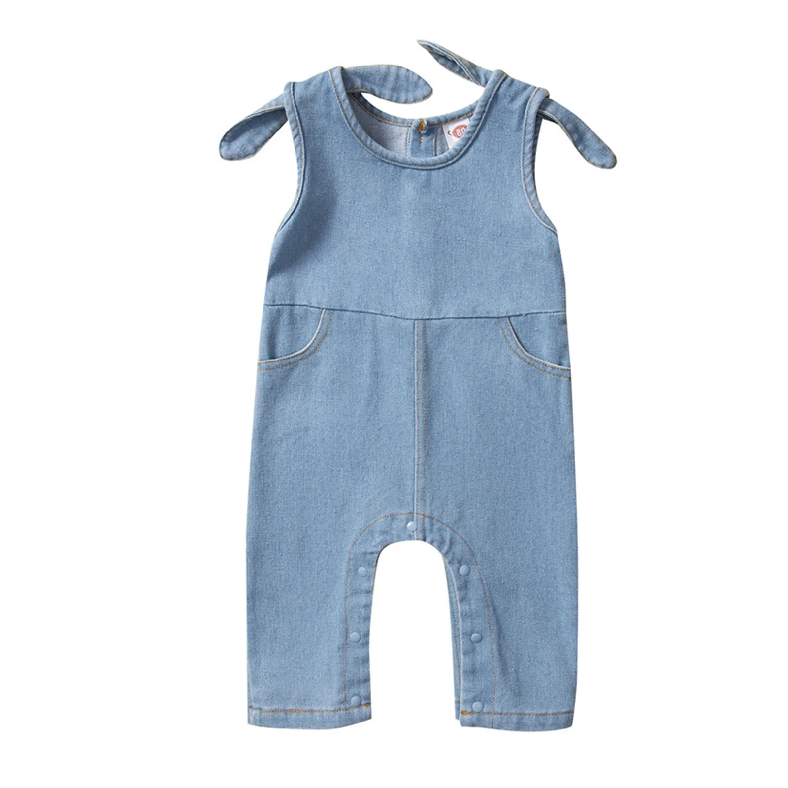 

Infant Baby Girls Denim Romper Solid Color Sleeveless Tie Knot Shoulder Jumpsuits Casual Bodysuit Clothes