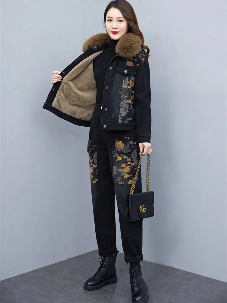 Женский джинсовый костюм из двух предметов повседневный утепленный джинсовой