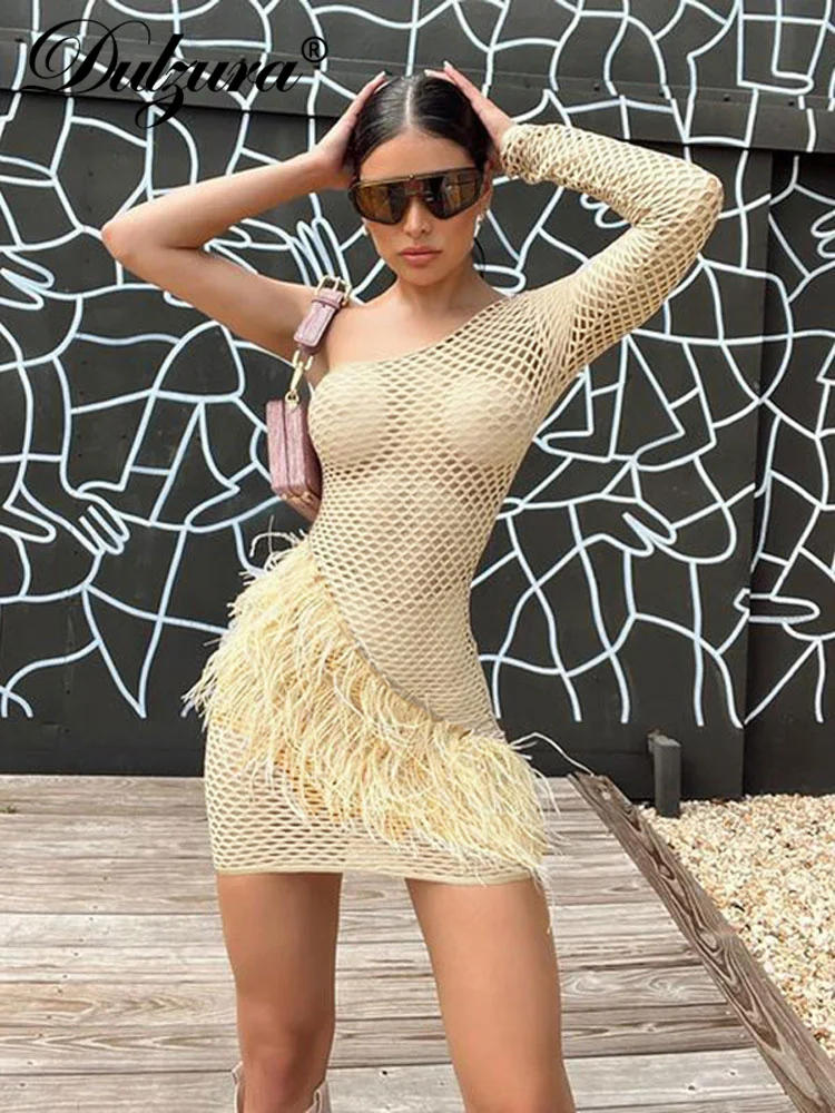 

Dulzura Summer Feather Sexy Y2K Clothes Hollow Out Inclined Shoulder Backless Bodycon Mini Dresses For Women 2022 Club Party