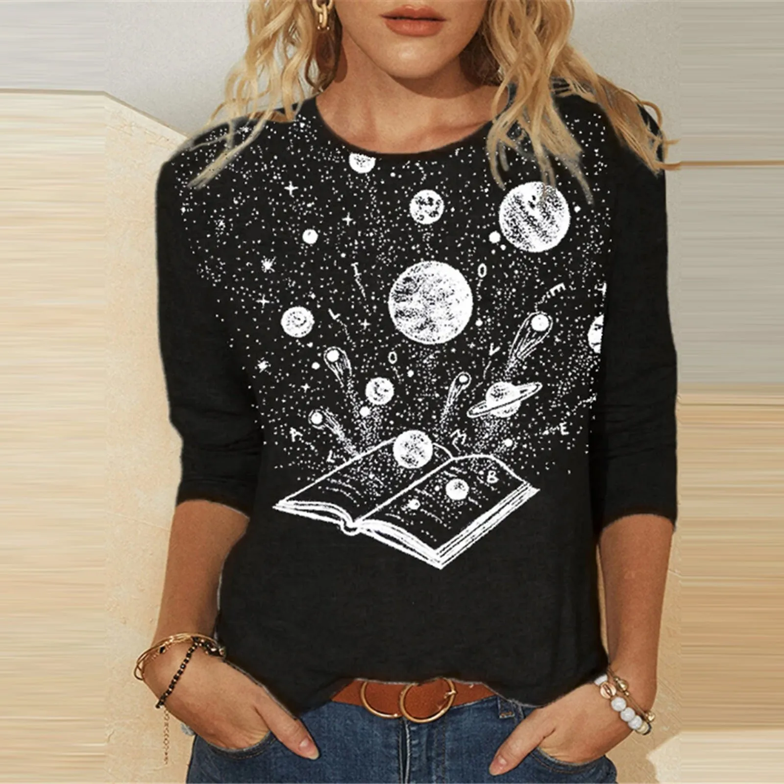 

Женская фланелевая блузка с круглым вырезом, длинным рукавом и принтом