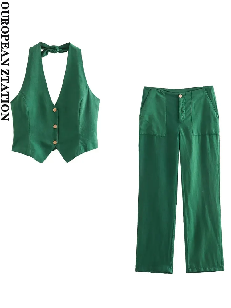 

PAILETE Женский Мода 2023 года с завязывающимся топом или накладными карманами прямые брюки с высокой талией комплект из двух предметов mujer