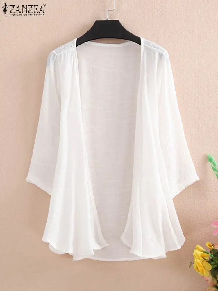 

ZANZEA Summer Cardigan Women Kimono Casual Blouse 3/4 Sleeve Solid Shirt Cove Up Femme Vintage Beach Tops Open Front Cardigans