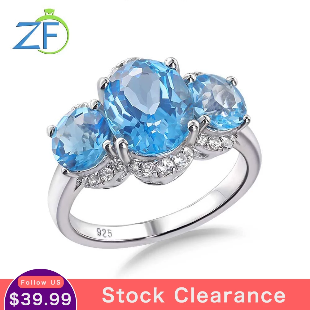 

GZ ZONGFA Genuine 925 Sterling Silve Rings for Women Luxury Oval Natural Blue Topaz Gems 5.3Carats Sparkling Fine Jewelry