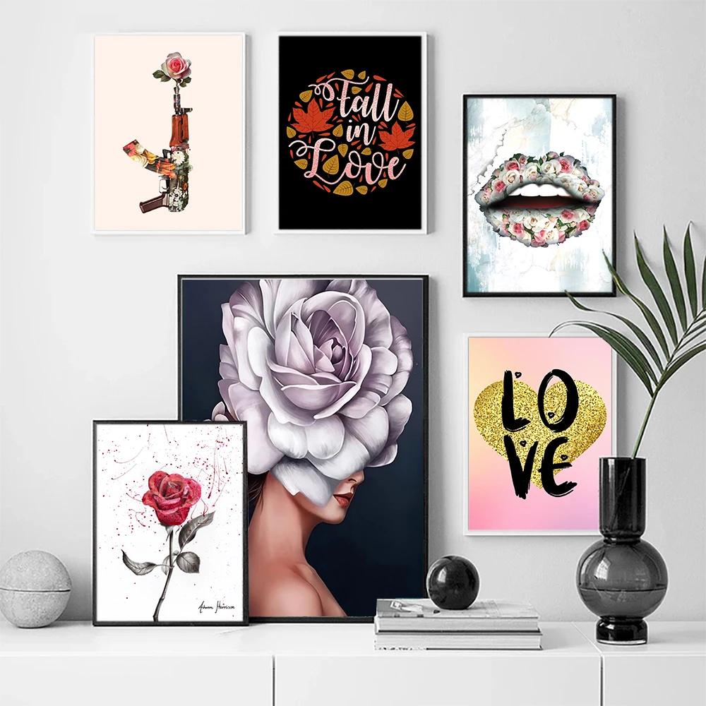 

Fun Flower Girl Painting Poster Lip Rose Home Wall Art Pink Romantic Love Heart Living Room Decor Multicolour Floral Pictures
