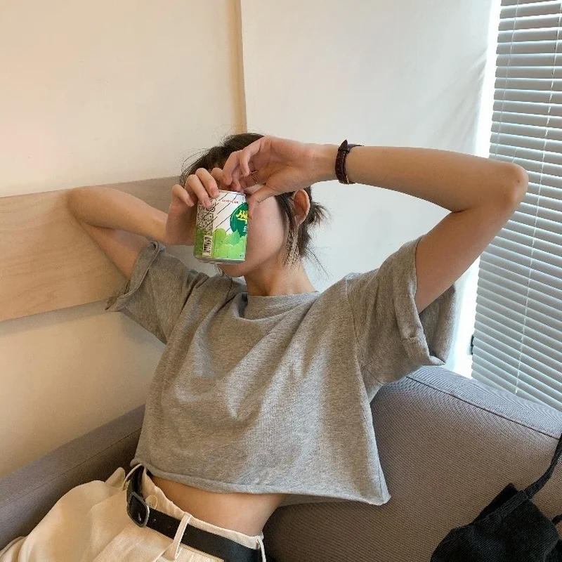 

Women Y2k Round Neck Casual Tshirt for Female Tops Short Streetwear 2023 New Summer Women's Short Sleeves Solid Color T-Shirts