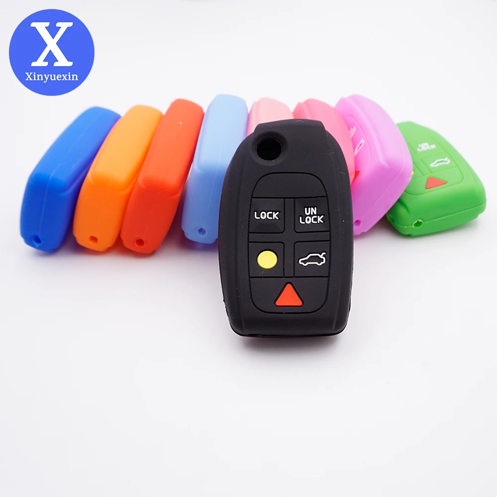 

Xinyuexin Silicone Rubber Car Key Case Cover for Volvo S80 S60 V70 XC70 XC90 D05 Folding Flip Remote 5 Buttons Keys Holder Fob