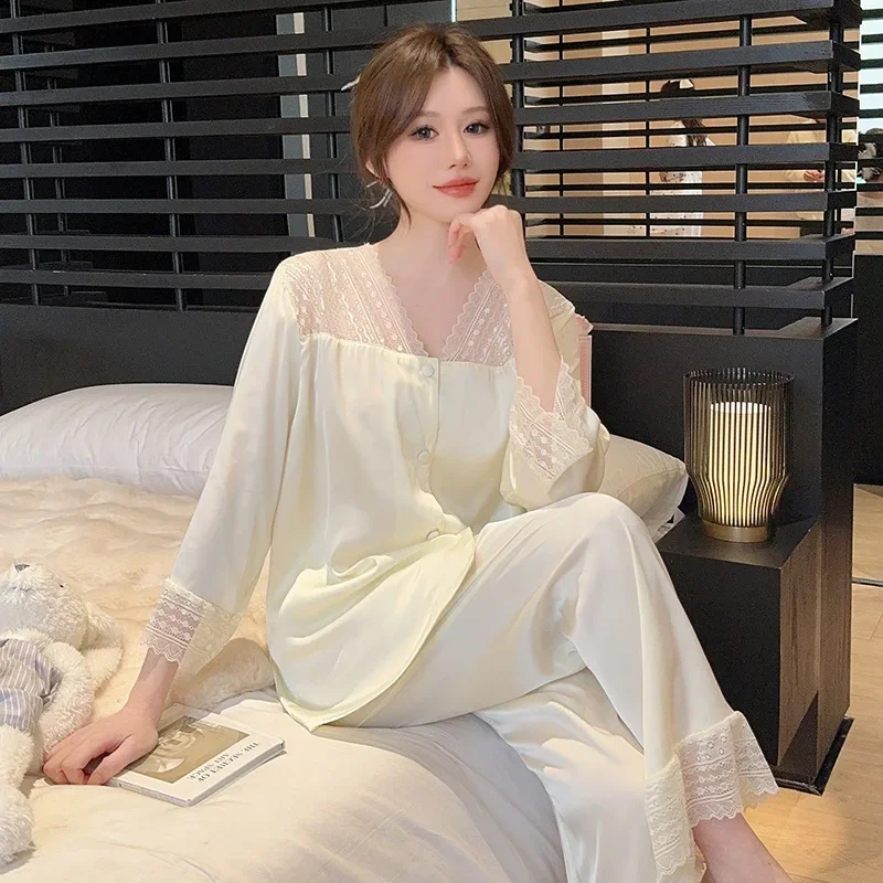 Autumn Women's High-End Feel Ice Silk Pajama Set V-Neck Casual Cardigan Long Sleeves Korean Style Solid Color Homewear