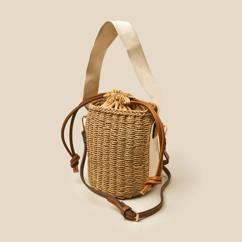 

Summer 2022 New Women Straw Woven Bucket Females Brand Design Rattan Handbags Adjustable Ladies Shoulder Messenger Bag