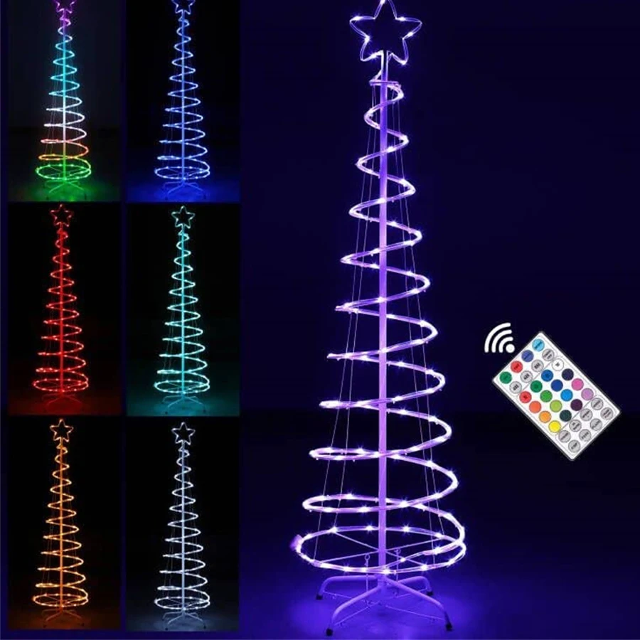 Outdoor Dreamcolor Lighted Christmas Tree With Remote Christmas Cone Tree with Star Topper Waterfall Garland Light for Holiday