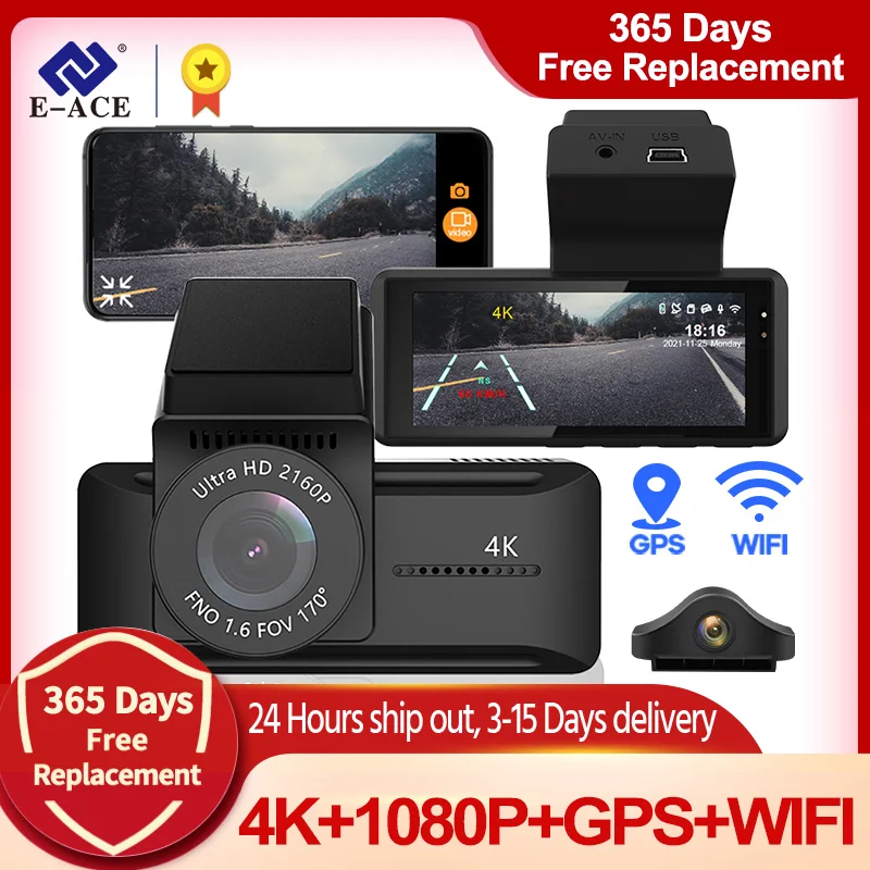 E-ACE Dash Cam Dual Lens 4K UHD Recording Car Camera DVR Night Vision WDR Wi-Fi G-Sensor Motion Detection Dashcam Car Registrar