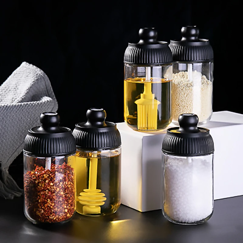 

Glass Seasoning Jars Salt and Pepper Storage Jars Oil Brush Jars Honey Jars Spice Storage Jars Creative Kitchen Supplies
