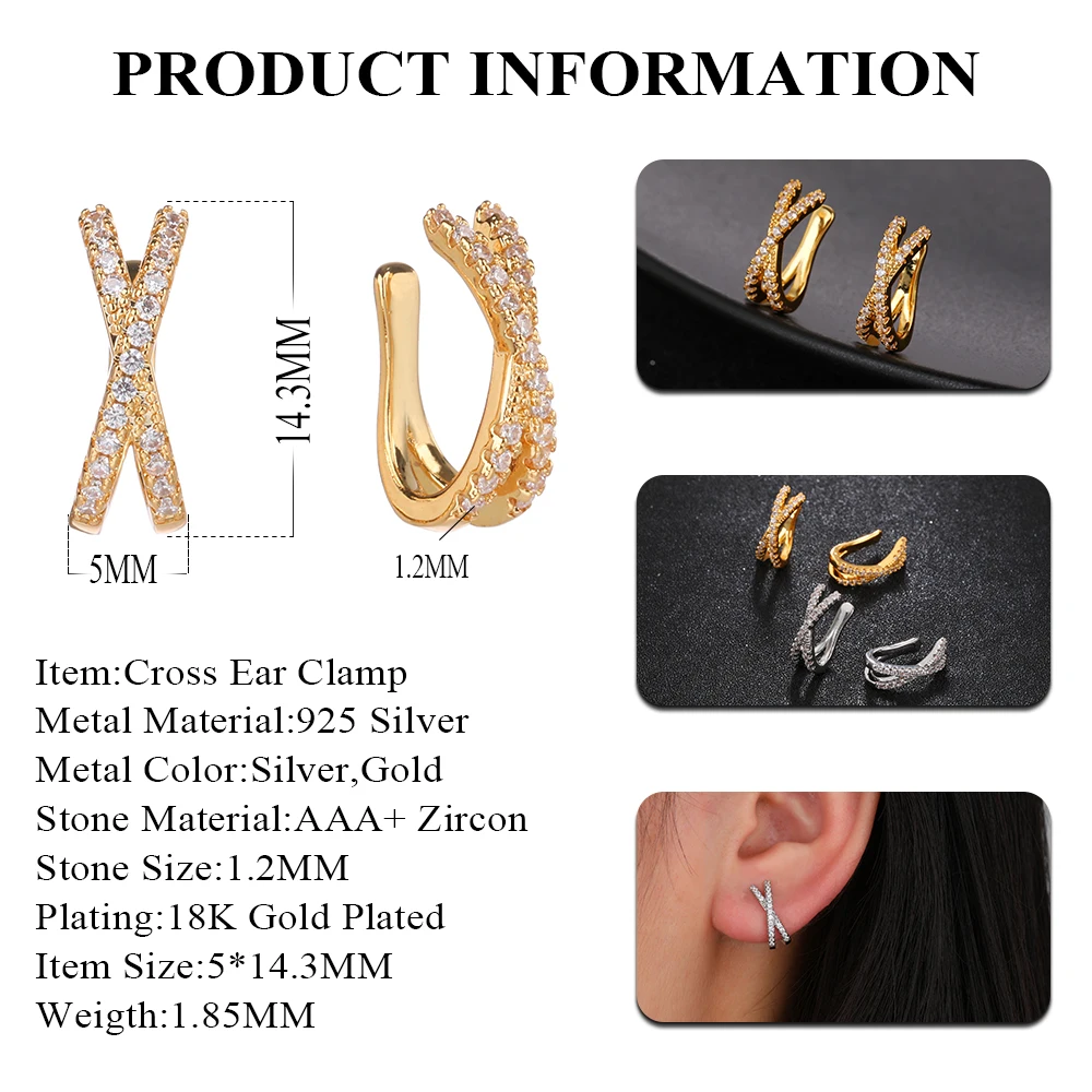 Poulisa Cross Cuff Stud Earrings for Women 925 Sterling Silver Micro Pave Zircon Non Pierced Cartilage Clip CZ Earring on Ear