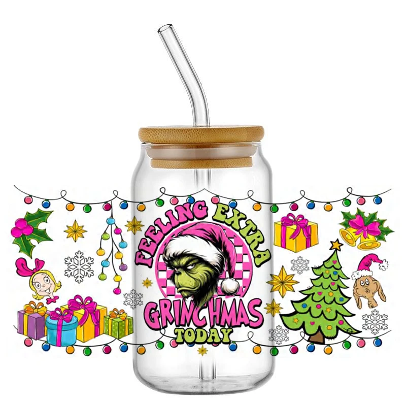 16 унций Miniso Green Ghost Monster 3D наклейки с Рождеством УФ DTF для переноса чашек моющиеся