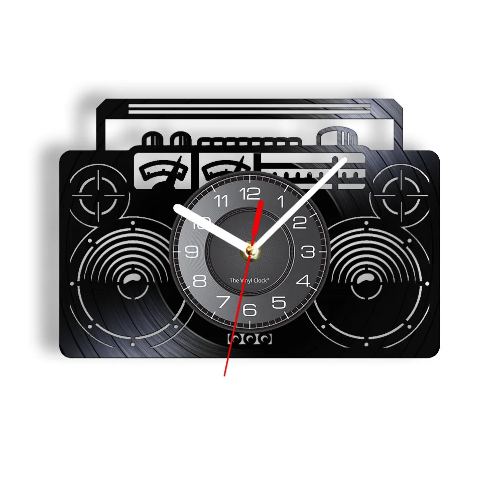 Boombox Radio Vinyl LP Record Wall Clock Ghetto Blaster Audio Art Hip Hop Dancer Vinyl Music Disks Wall Watch Music Studio Decor