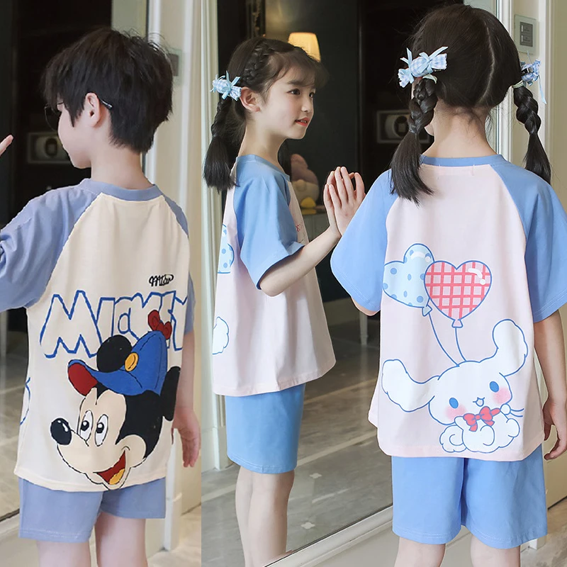 

Милый пижамный комплект с Микки Маусом Винни из аниме мультфильма для девочек и мальчиков с коротким рукавом хлопковая одежда для сна Свобо...