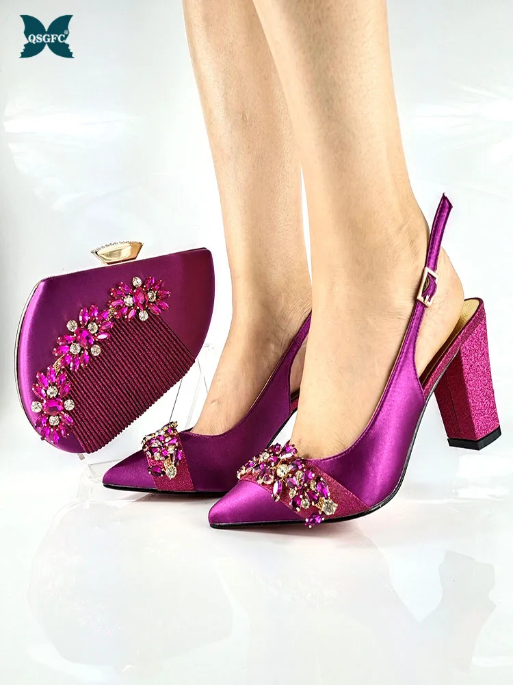 

2021 African Hot Selling Special Crysral Decoration Style Italian Design Magenta Color Elegant Women Shoes and Bag Set for Party