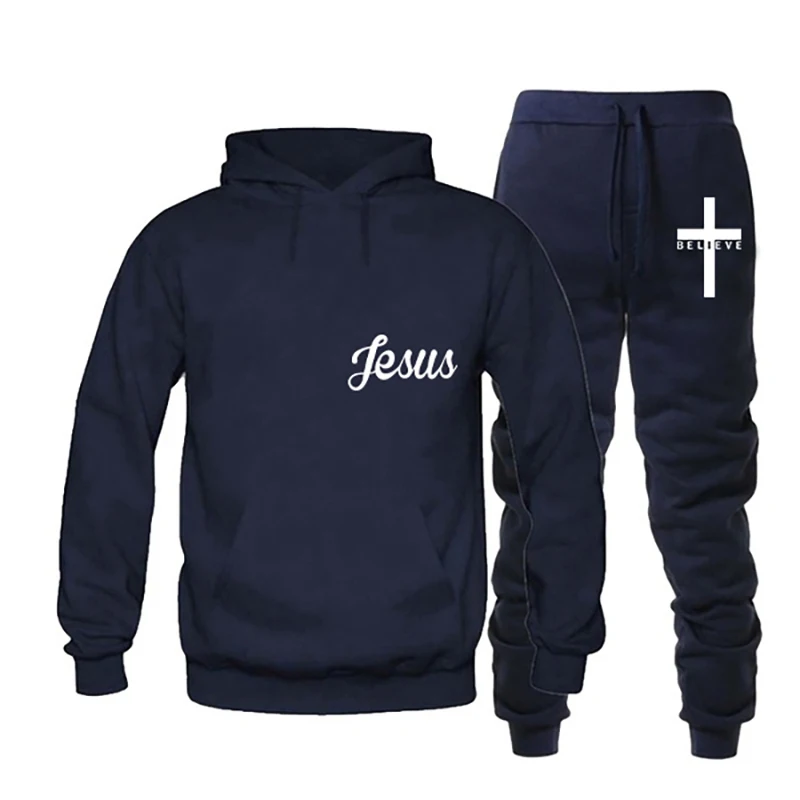 

Latest I Believe in Jesus Christ Printed Autumn and Winter Men's Sports Casual Suit Solid Color Hooded Drawstring Design Sports