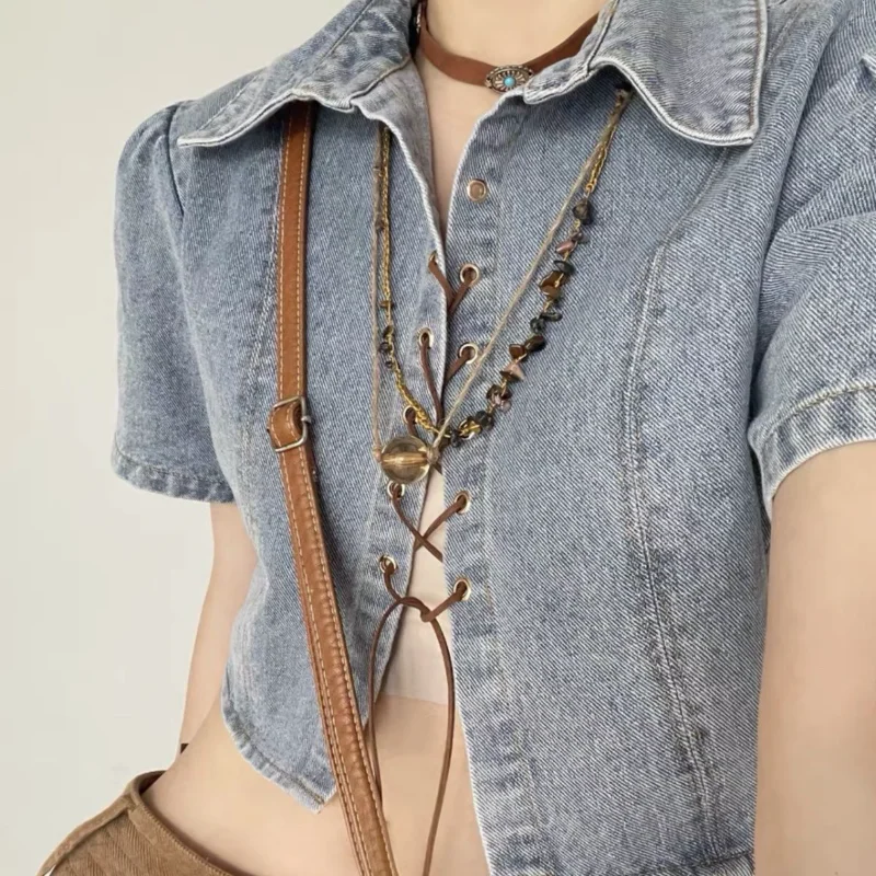 

Короткие укороченные топы, женские джинсовые облегающие рубашки, летние винтажные уличные рубашки, бандажные однотонные рубашки Y2k, женска...