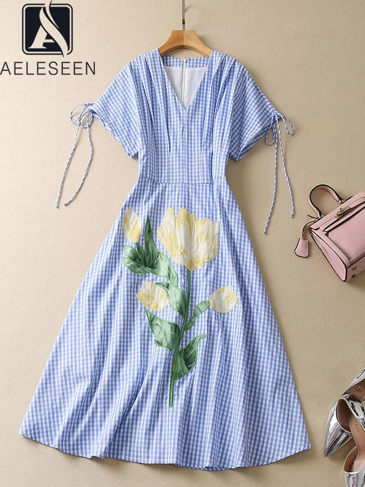 

AELESEEN Runway Fashion Dress 2023 Spring Summer Women Blue Plaid V-Neck Bow Flower Appliques Embroidery Elegant Midi Party