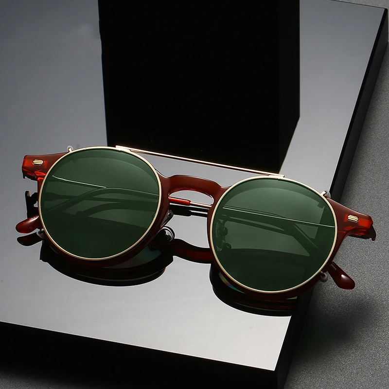 

2022 New Fashion Vintage Sunglasses Clips-On Style UV400 Polarized Lens Acetate Frame Classical Round Pilot Design Women Man
