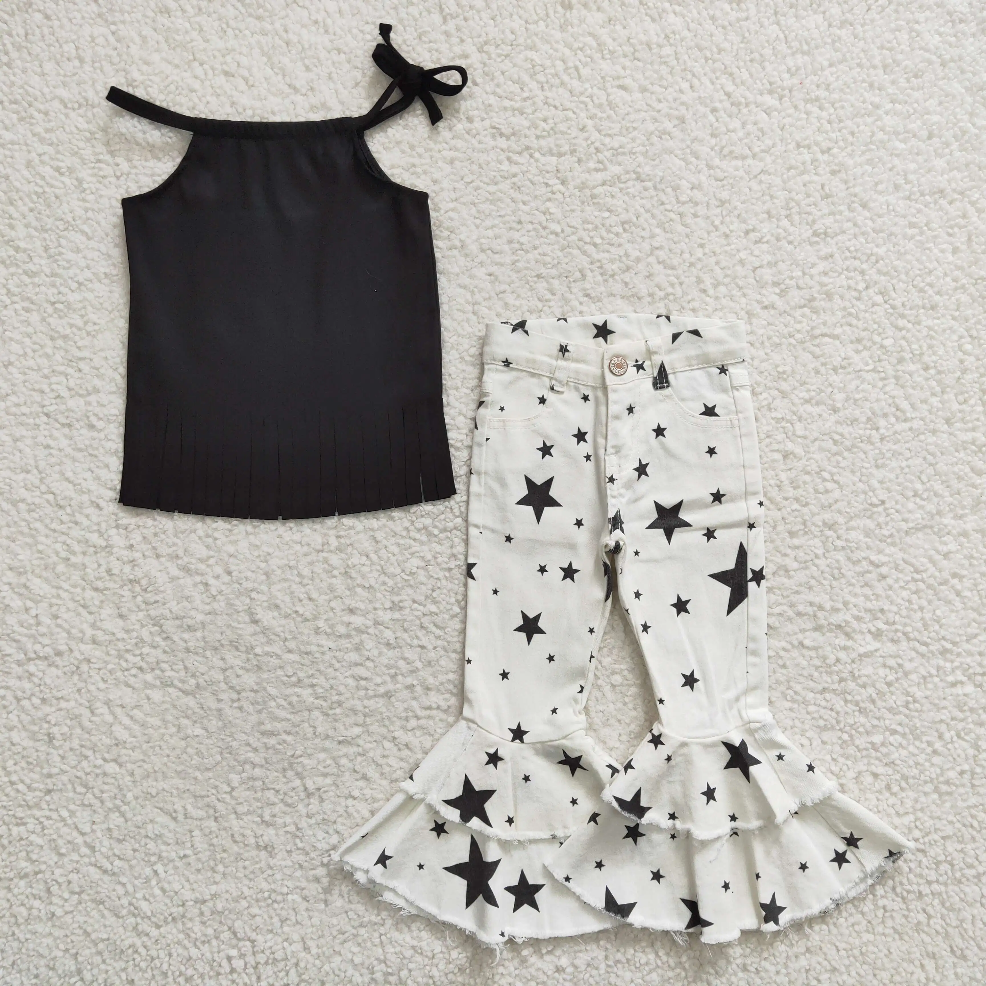 

Новинка 2023, детский джинсовый комплект с черным верхом RTS, детская одежда со звездами, одежда для девочек, штаны с колокольчиками