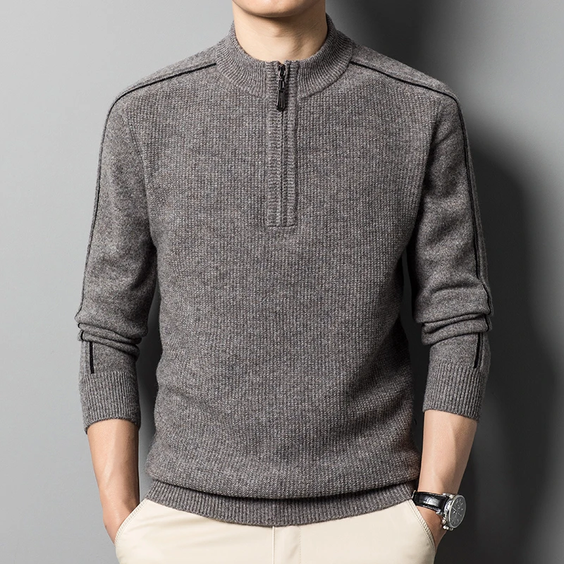 

New Autumn and Winter Sweaters Men's Thickened Zipper Half Turtleneck Casual Fashion Temperament 100% Wool Sweater