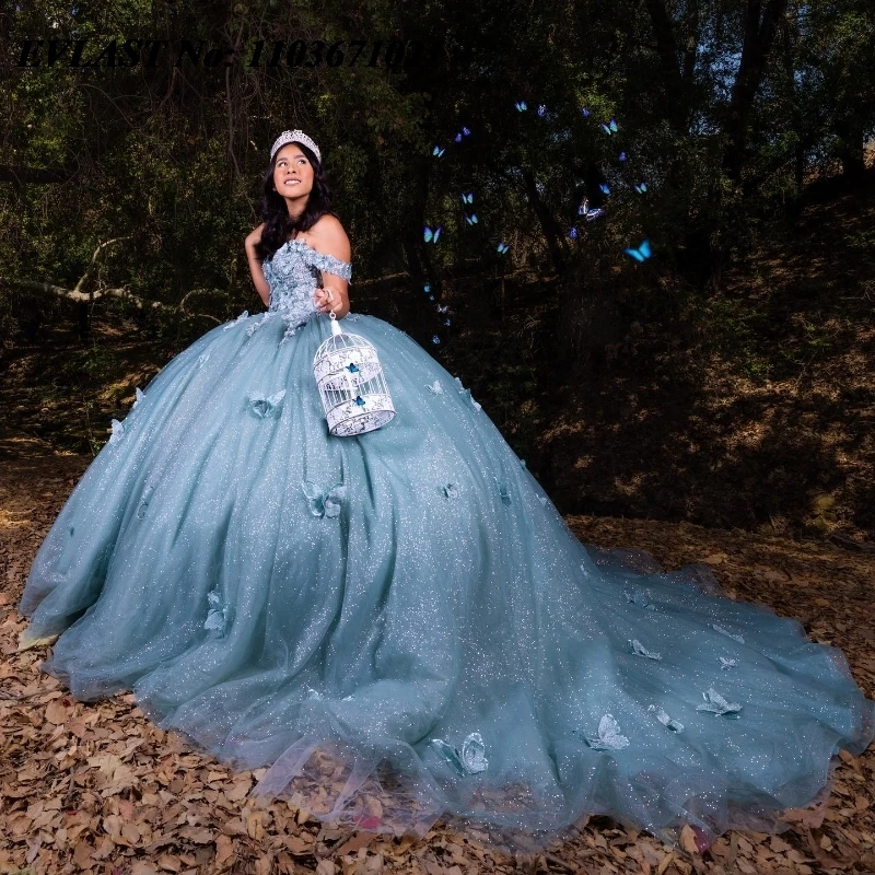 EVLAST блестящее синее платье Quinnceanera бальное блестящая Кружевная аппликация из