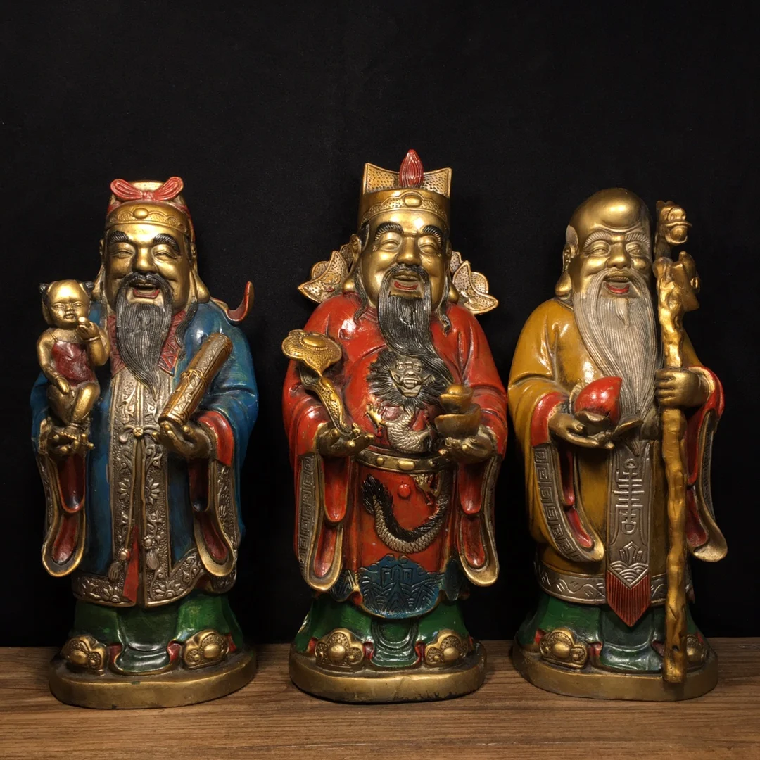 

Коллекция тибетских храмов 13 дюймов, старинная бронза, окрашенная фу лу шоу, три бессмертных бога богатства, семейный набор, поклонение зал