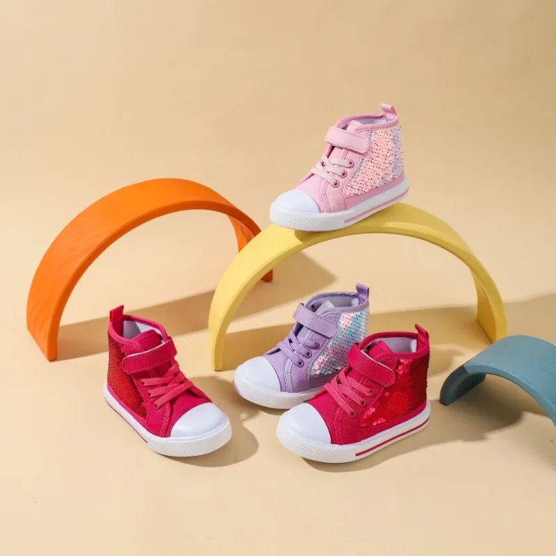 

Kids Casual Shoes Fashion Sequin High Top Canvas Shoes School Princess Flats Girls Sneakers Anti Slip Soft Bottom Toddler Shoes