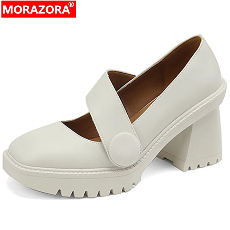 

MORAZORA 2022 New Shallow Hook Loop Thick High Dress Shoes Solid Genuine Leather Shoes Woman Ladies Fashion Pumps