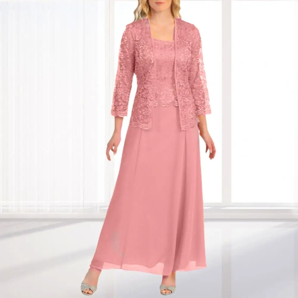 

1 Set Women Dress For New Year 2023 Long Sleeve Backless Chiffon Women Summer Lace Dress with Cardigan Set for Female