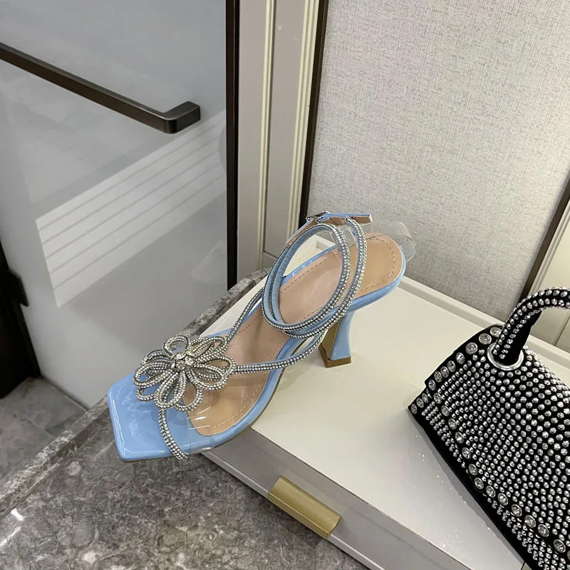 

New Flower Rhinestone 11cm thin heel sandals wrap buckle square head silver / gold sandals Design fashion party high heels 41