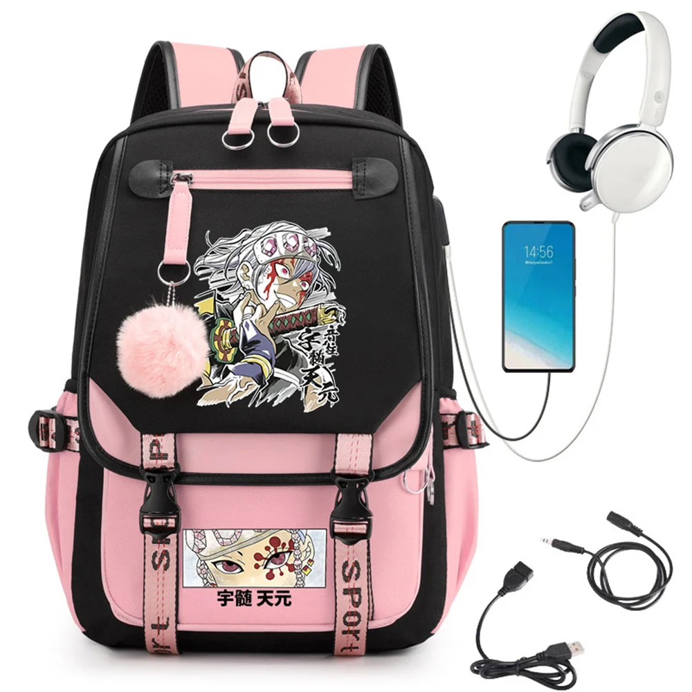 

Anime Mochila Demon Slayer Girls SchoolBag Teenager Students Usb Backpack Tengen Uzui Eyes Manga Black Pink Teen School Backpack