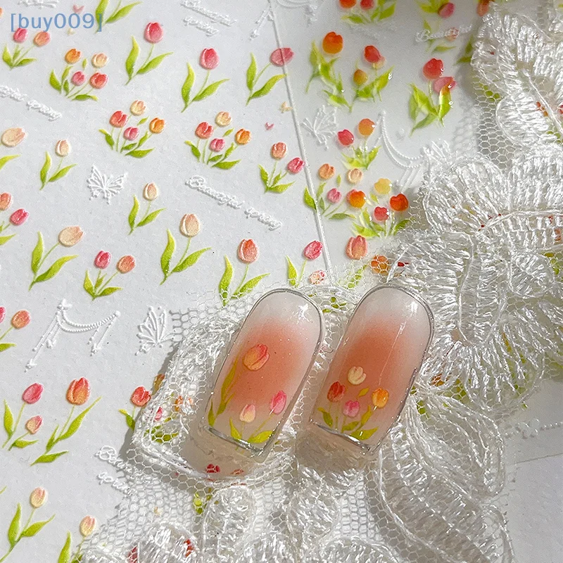Фото 1 Sheet Relief Elegant Tulip Nail Art Stickers Kawaii Flower Adhesive Nail Decorations Decals DIY Manicure Accessories №1