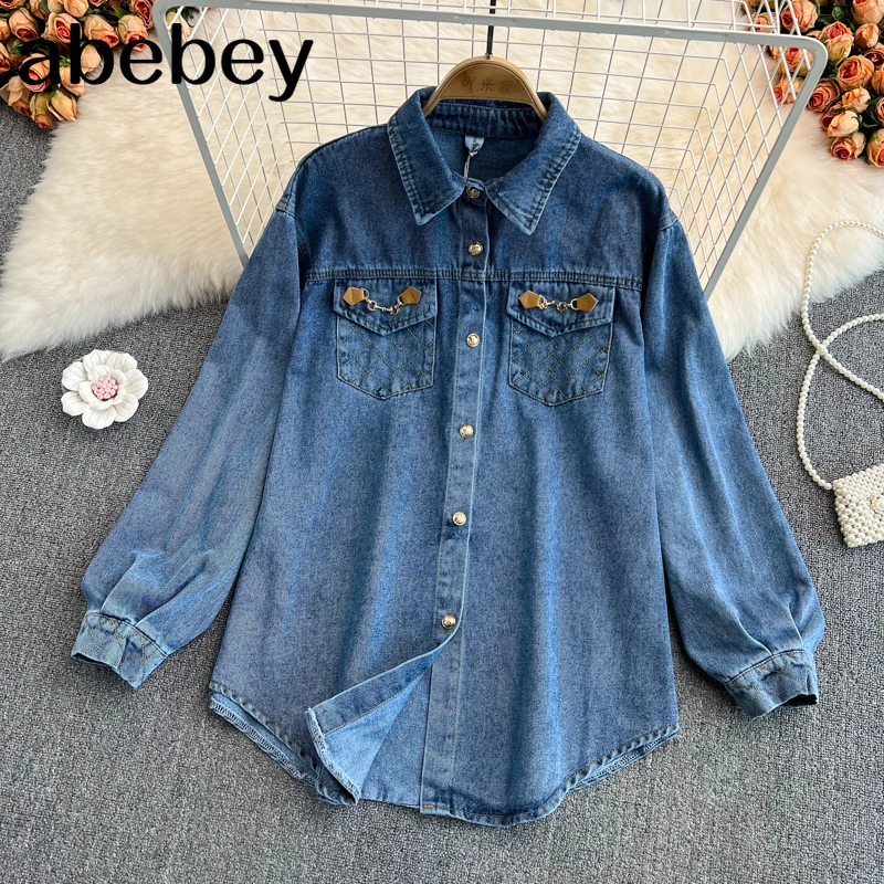 2022 New Spring Autumn Vintage turn down collar long sleeve Shirt metal chain pocket single breasted loose mid-long Shirt Top