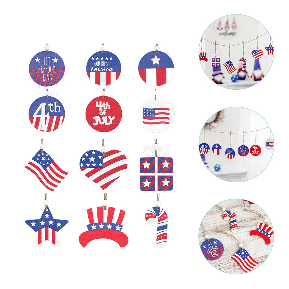 

12 Pcs House Decorations Home Independence Day Pendant Ornament American Festival Hanging Holiday Items 7x6cm Supply Red Wood