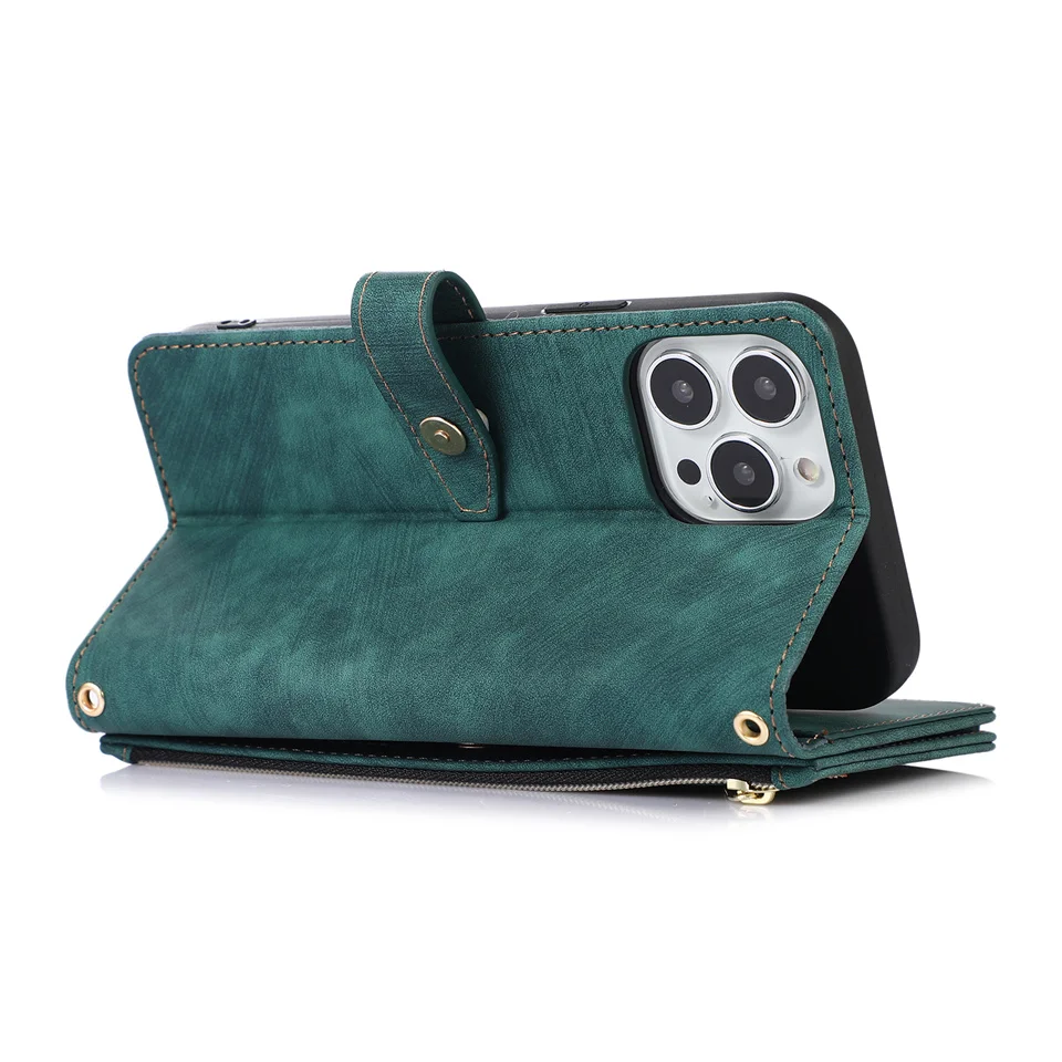 New zipper 9-Card Wallet Shoulder Strap Case For Iphone 14 13 12 Mini 11 Pro XS Max XR 7 8 6s Plus SE 2020 Cover Crossbody