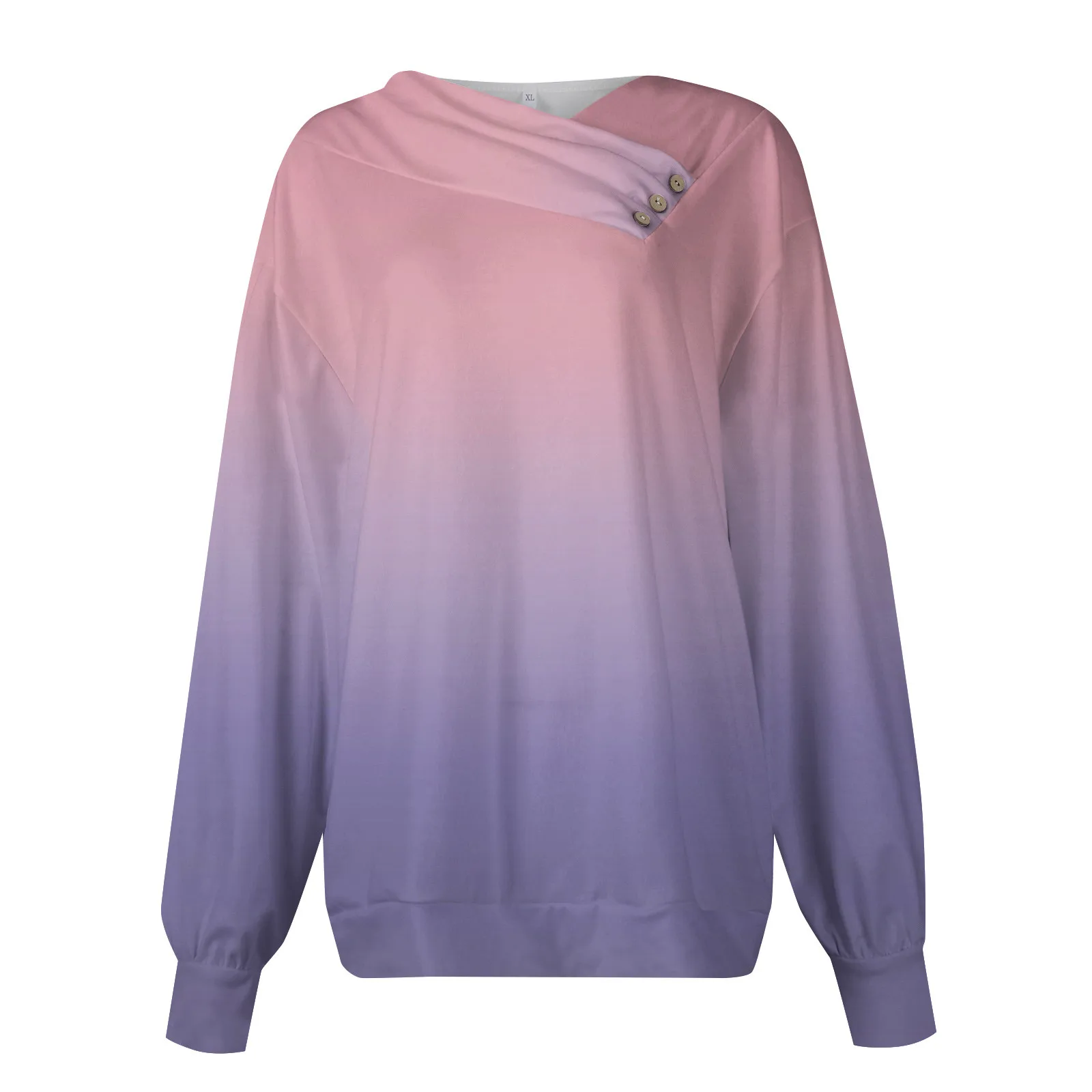 

Женская одежда, толстовки для женщин, свитшоты оверсайз, флисовый Повседневный пуловер с длинным рукавом и пуговицами с диагональным воротником и градиентом