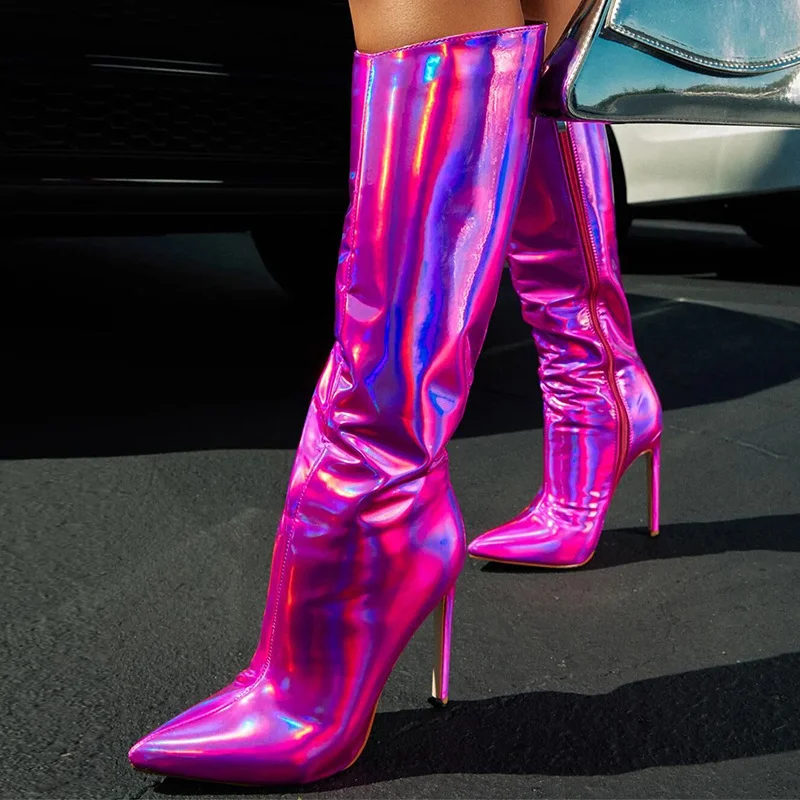 

Autumn Winter Sexy Runway Mirror Patent Leather Women Knee High Boots Shoes Pointed Toe Zip Stiletto Heel Long Botas Mujer