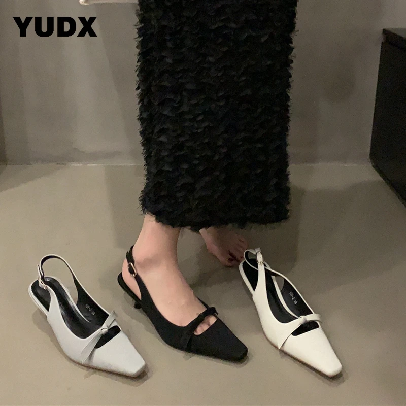 

2023 Designer Sandals Women Slingback Fashion Bow Buckle Low Heels Summer Square Toe Pumps Dress Party Shoes Sapatos Femininos