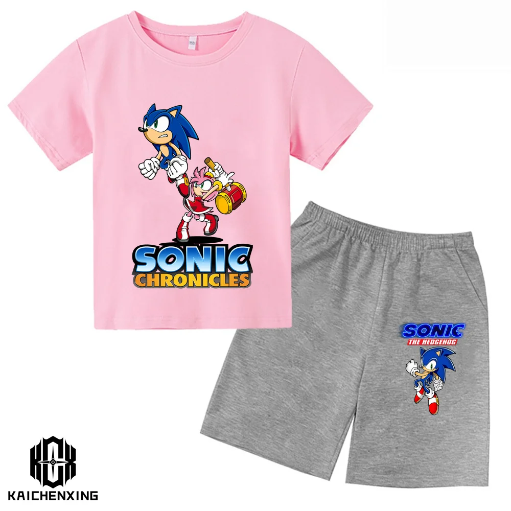 

Summer Sonic Harajuku T shirt Set Boys Girls Kids Fashion Streetwear For 3-14 Years Children Short Sleeve Print T-shirt Tee