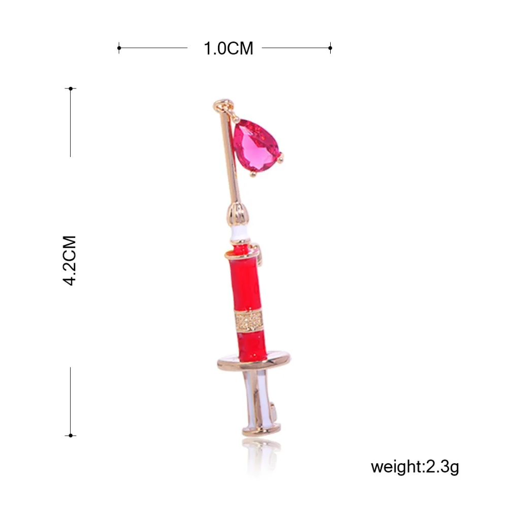 Женская брошь в форме шприца с красным цирконом капли | Броши